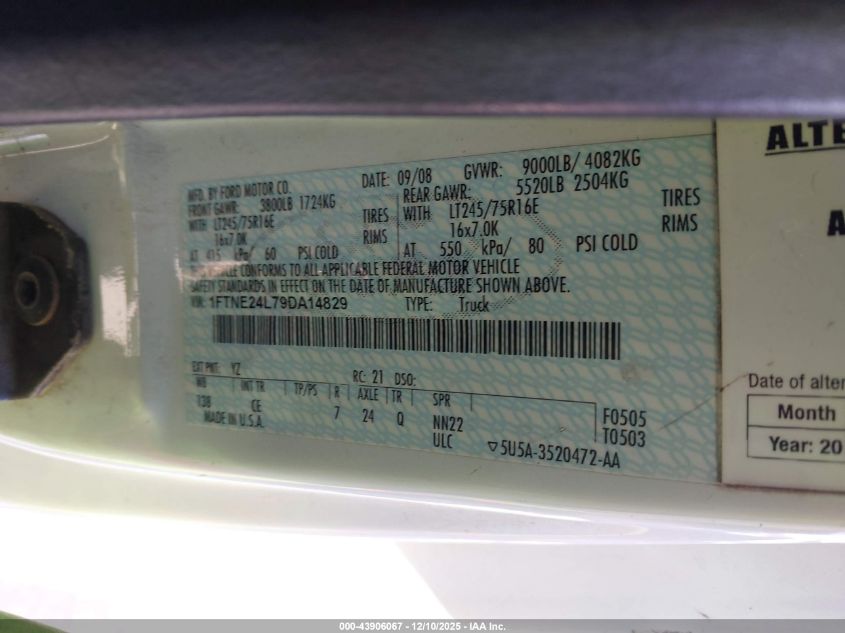 2009 Ford E-250 Commercial/Recreational VIN: 1FTNE24L79DA14829 Lot: 43906067