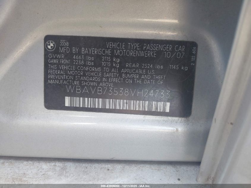 2008 BMW 335I VIN: WBAVB73538VH24733 Lot: 43906068