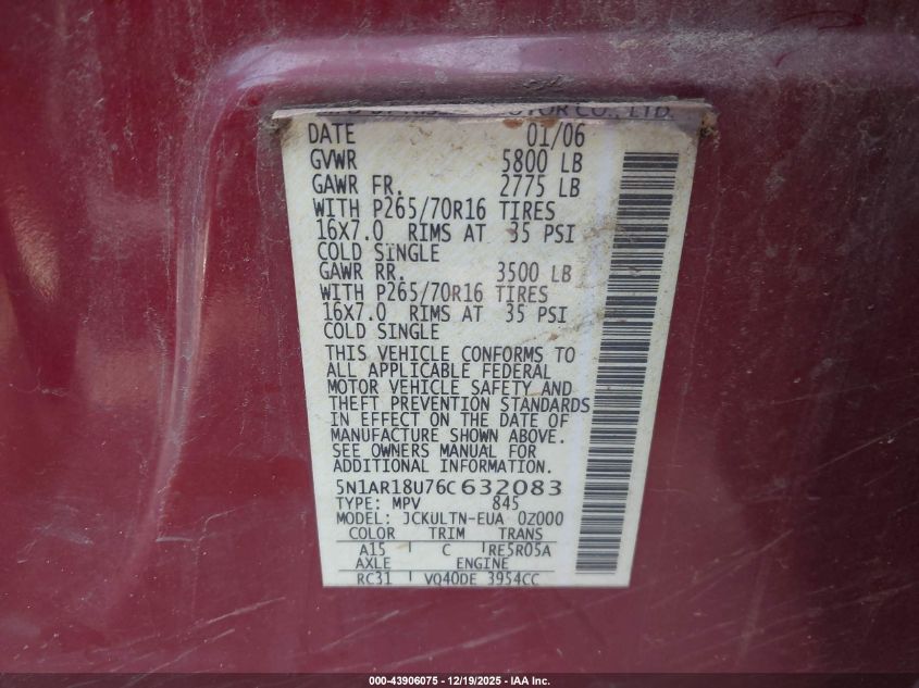 2006 Nissan Pathfinder Se VIN: 5N1AR18U76C632083 Lot: 43906075