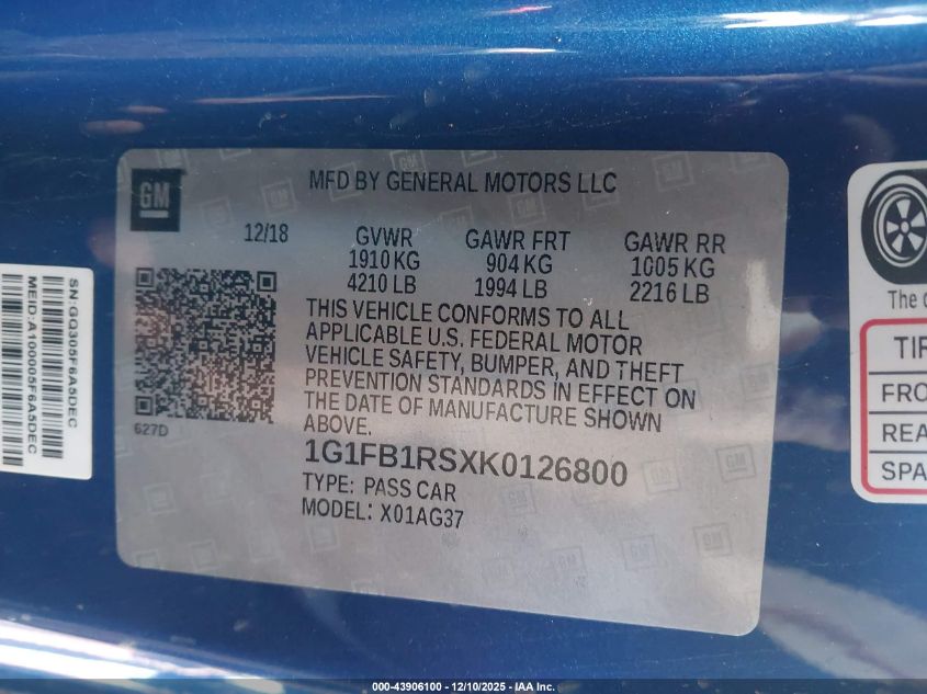 2019 Chevrolet Camaro 1Lt VIN: 1G1FB1RSXK0126800 Lot: 43906100