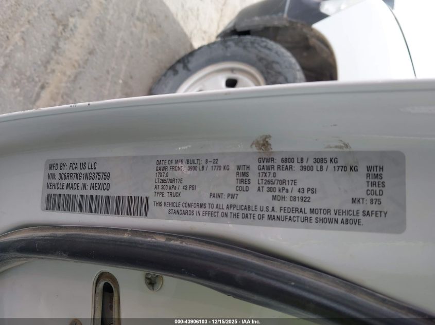 2022 Ram 1500 Classic Tradesman 4X4 5'7 Box VIN: 3C6RR7KG1NG375759 Lot: 43906103