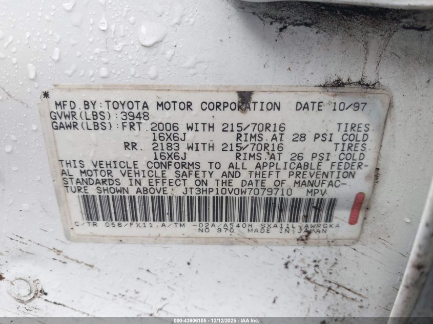 1998 Toyota Rav4 VIN: JT3HP10V0W7079710 Lot: 43906105