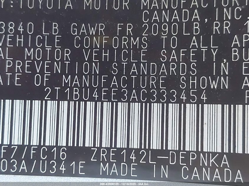 2010 Toyota Corolla Xle VIN: 2T1BU4EE3AC333454 Lot: 43906109