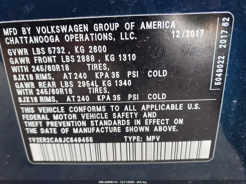 2018 Volkswagen Atlas 3.6L V6 Sel VIN: 1V2ER2CA8JC549455 Lot: 43906114
