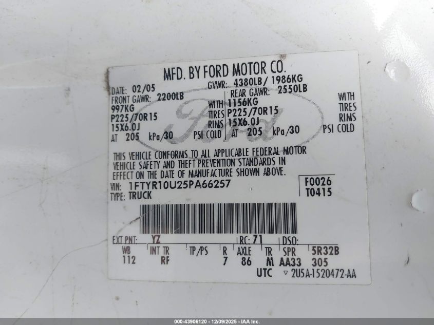 2005 Ford Ranger Edge/Stx/Xl/Xls/Xlt VIN: 1FTYR10U25PA66257 Lot: 43906120