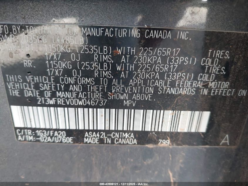 2013 Toyota Rav4 Xle VIN: 2T3WFREV0DW046737 Lot: 43906121