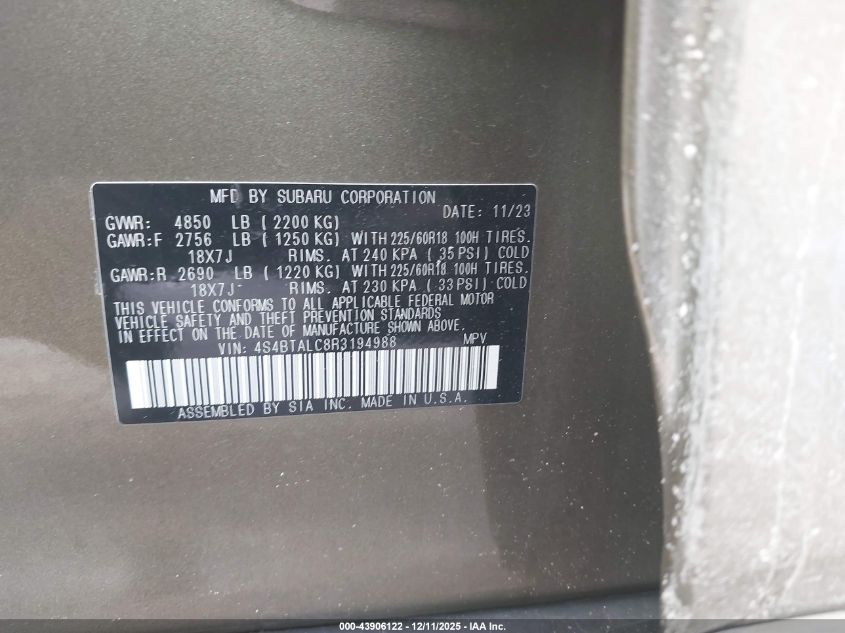 2024 Subaru Outback Onyx Edition VIN: 4S4BTALC8R3194988 Lot: 43906122