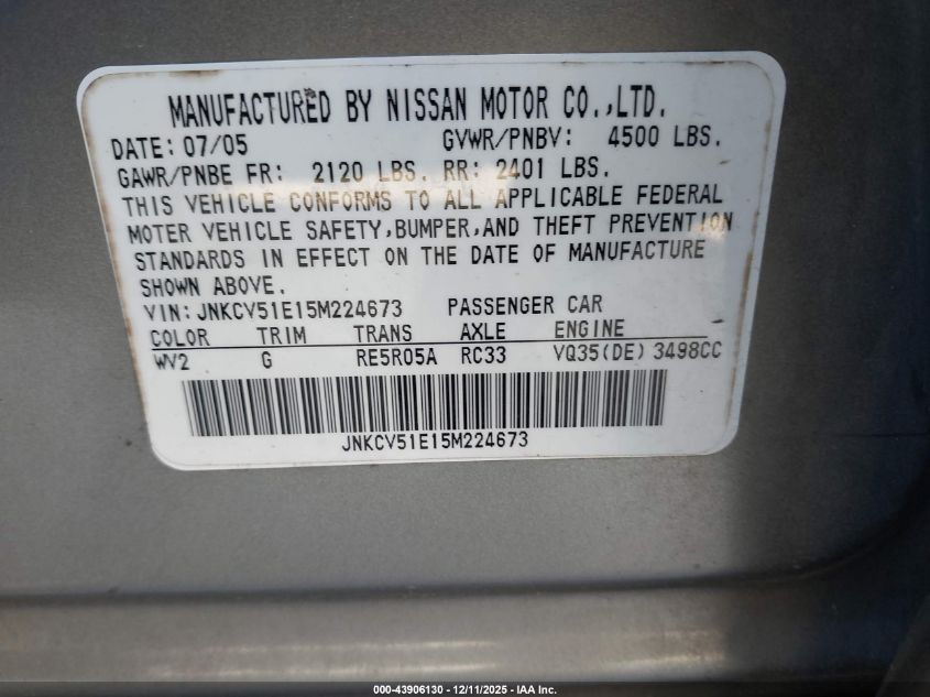 2005 Infiniti G35 VIN: JNKCV51E15M224673 Lot: 43906130