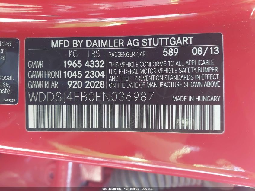 2014 Mercedes-Benz Cla 250 VIN: WDDSJ4EB0EN036987 Lot: 43906133