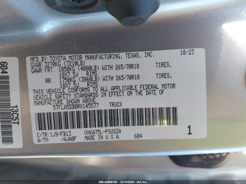 2024 Toyota Tundra Sr5 VIN: 5TFLA5DB0RX145577 Lot: 43906150