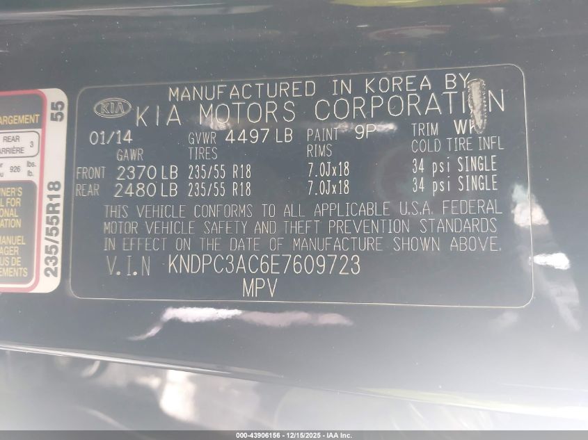 2014 Kia Sportage Ex VIN: KNDPC3AC6E7609723 Lot: 43906156