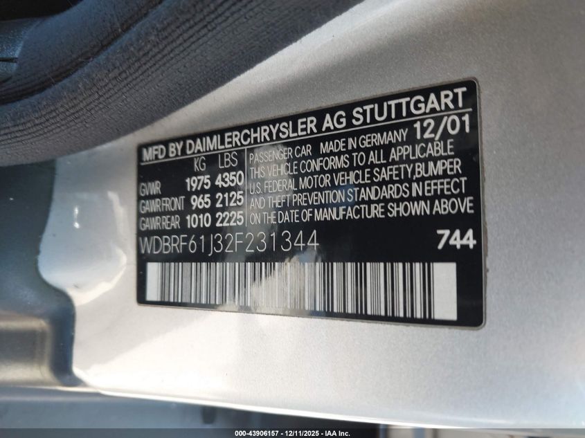 2002 Mercedes-Benz C 240 VIN: WDBRF61J32F231344 Lot: 43906157