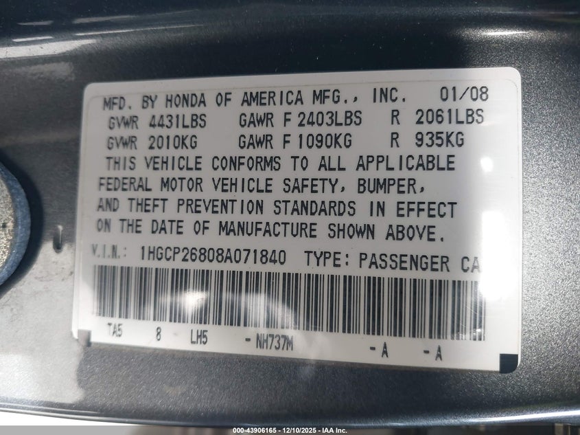 1HGCP26808A071840 2008 HONDA ACCORD photo no. 9