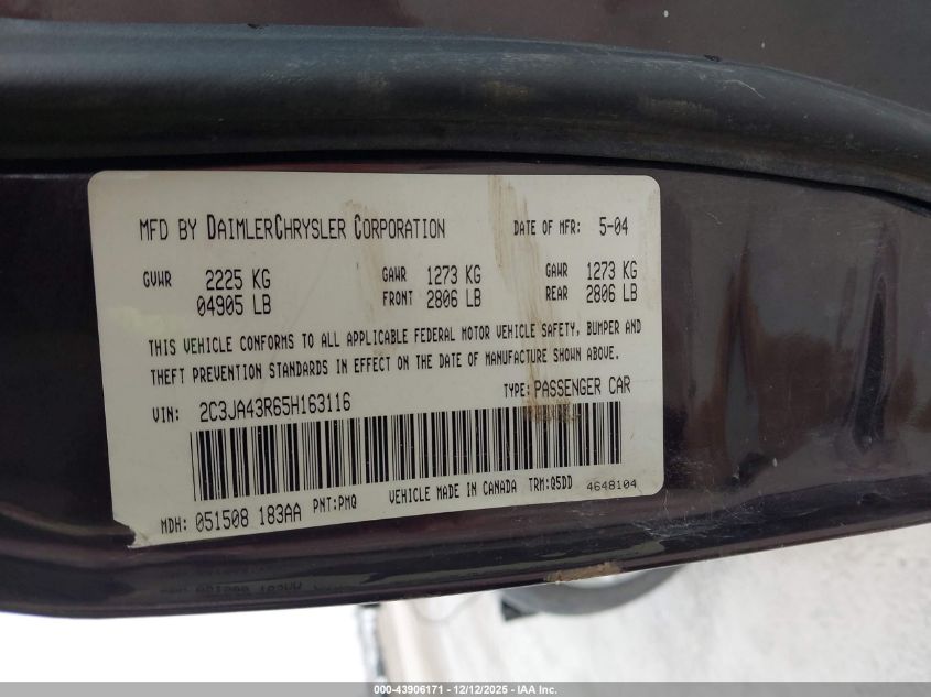 2005 Chrysler 300 VIN: 2C3JA43R65H163116 Lot: 43906171