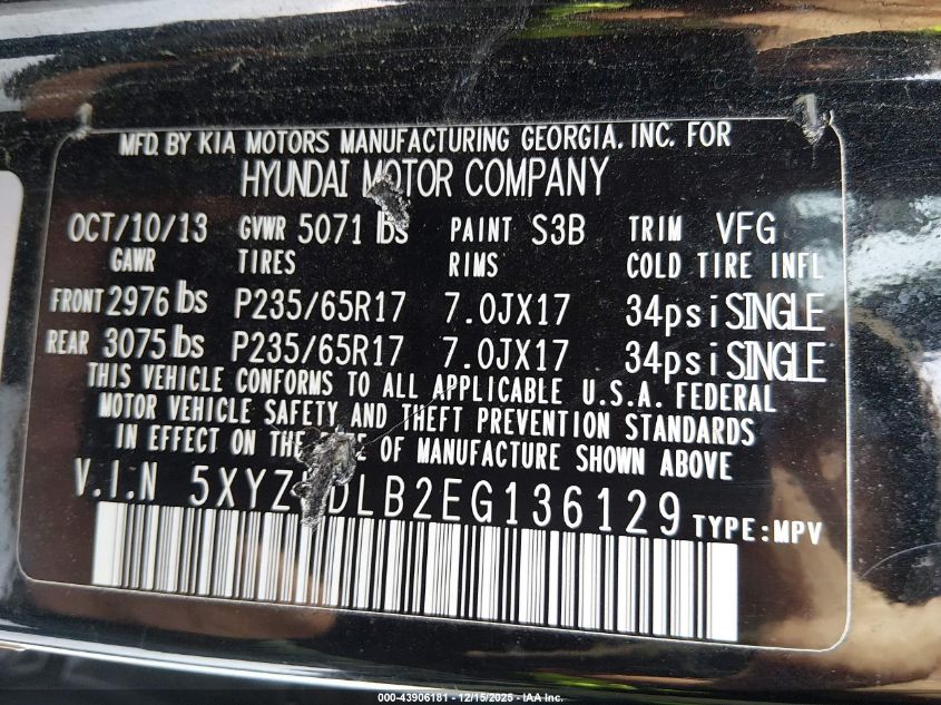 2014 Hyundai Santa Fe Sport 2.4L VIN: 5XYZUDLB2EG136129 Lot: 43906181