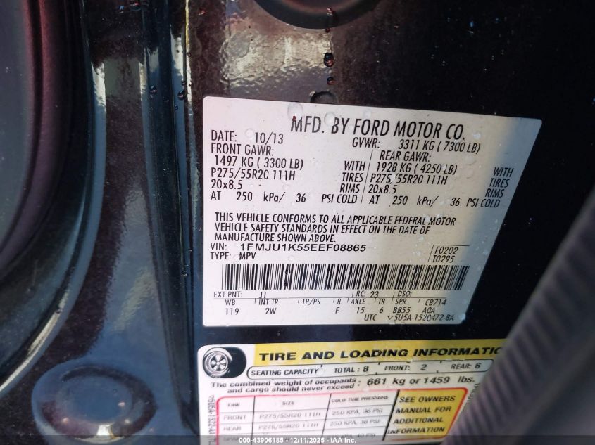 2014 Ford Expedition Limited VIN: 1FMJU1K55EEF08865 Lot: 43906185