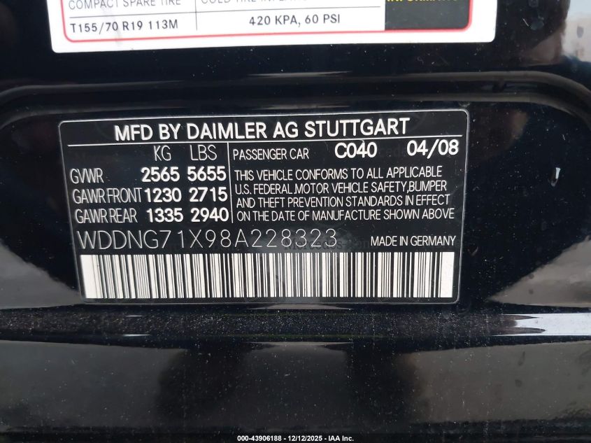 2008 Mercedes-Benz S 550 VIN: WDDNG71X98A228323 Lot: 43906188