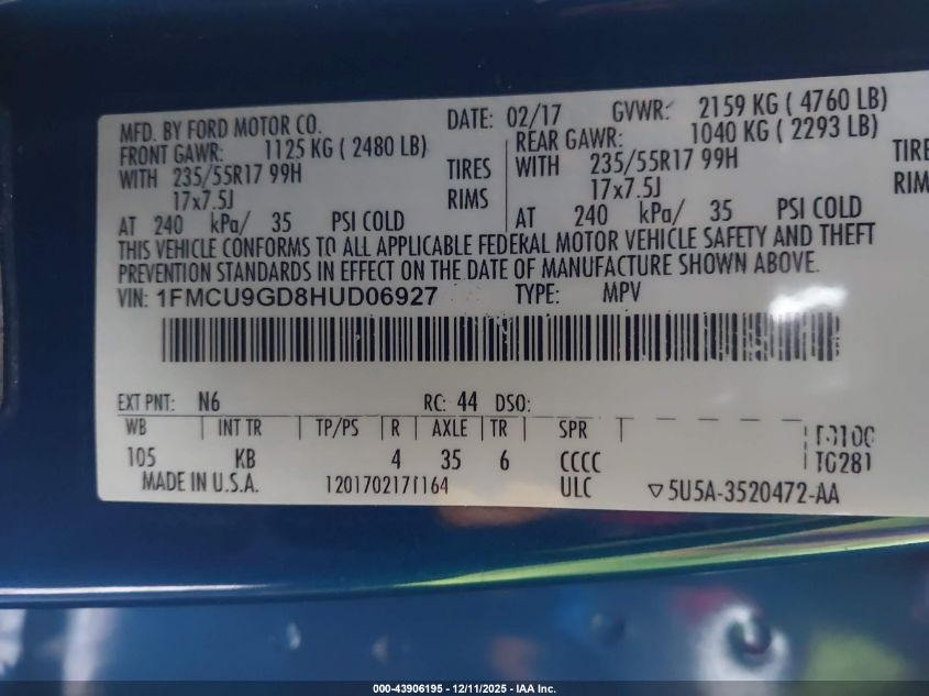 2017 Ford Escape Se VIN: 1FMCU9GD8HUD06927 Lot: 43906195