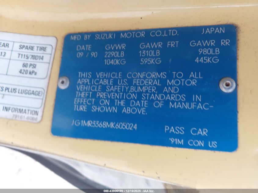 1991 Geo Metro Lsi Sprint Cl VIN: JG1MR3368MK605024 Lot: 43906199