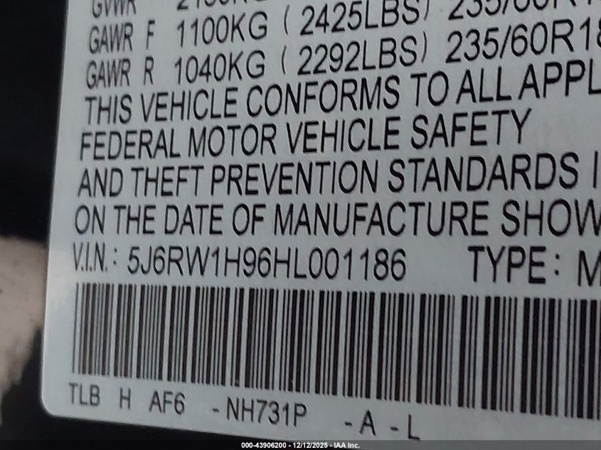 2017 Honda Cr-V Touring VIN: 5J6RW1H96HL001186 Lot: 43906200