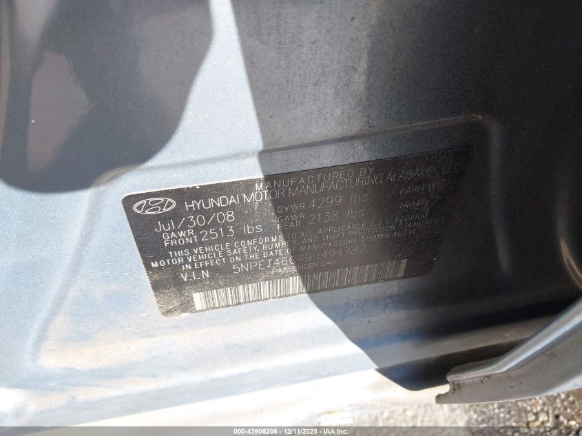 2009 Hyundai Sonata Gls VIN: 5NPET46C49H494787 Lot: 43906206