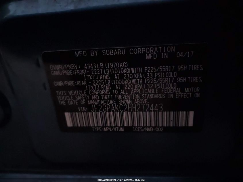 2017 Subaru Crosstrek 2.0I Limited VIN: JF2GPAKC2HH272443 Lot: 43906209