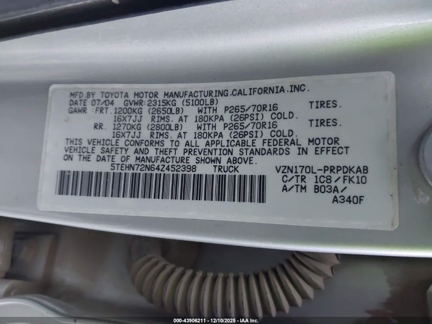 2004 Toyota Tacoma Base V6 VIN: 5TEHN72N64Z452398 Lot: 43906211