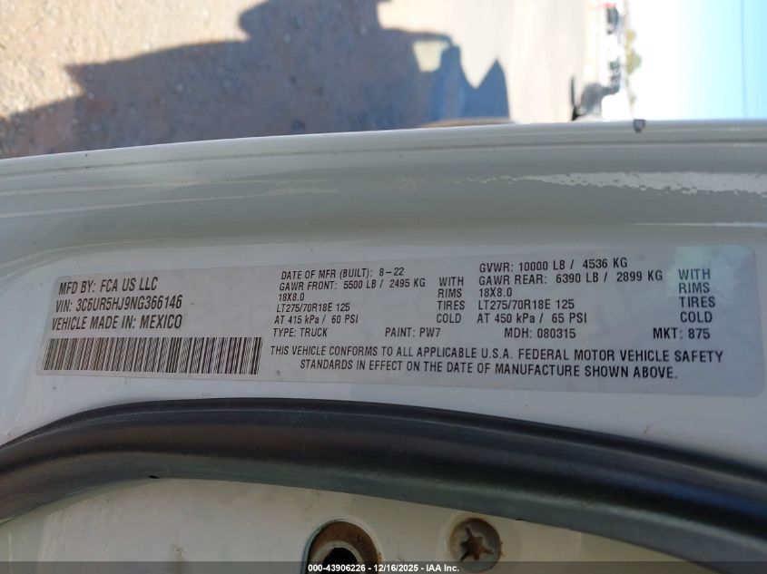 2022 Ram 2500 Tradesman 4X4 8' Box VIN: 3C6UR5HJ9NG366146 Lot: 43906226