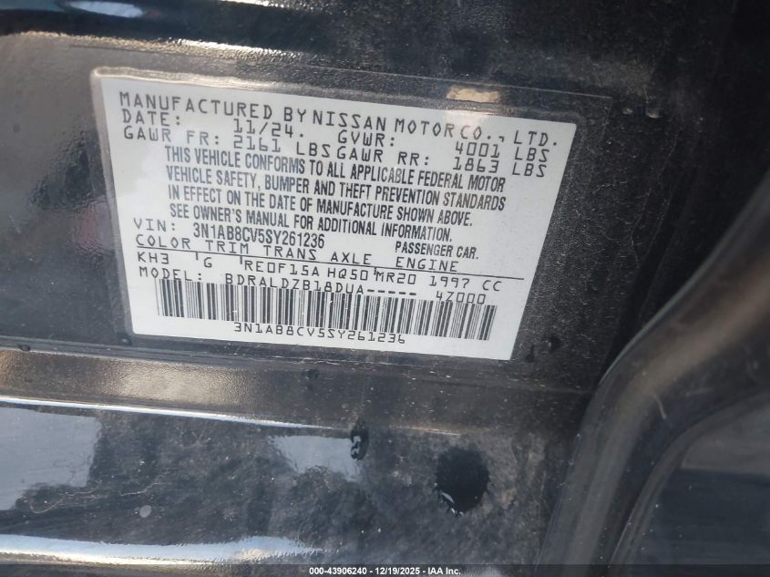 2025 Nissan Sentra Sv VIN: 3N1AB8CV5SY261236 Lot: 43906240