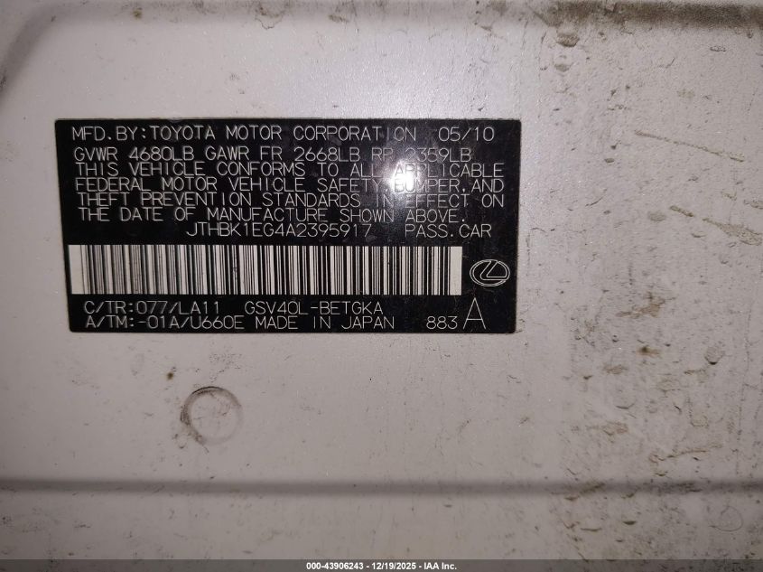 2010 Lexus Es 350 VIN: JTHBK1EG4A2395917 Lot: 43906243