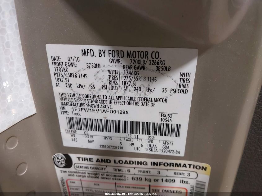 2010 Ford F-150 Fx4/Harley-Davidson/King Ranch/Lariat/Platinum/Xl/Xlt VIN: 1FTFW1EV1AFD01295 Lot: 43906249