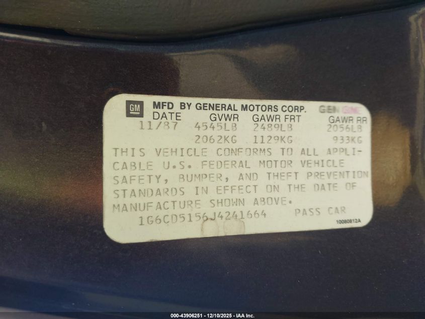 1988 Cadillac Deville VIN: 1G6CD5156J4241664 Lot: 43906251