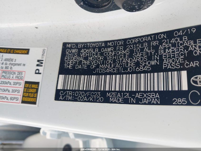 2020 Toyota Corolla Se VIN: JTDS4RCE1LJ016845 Lot: 43906255