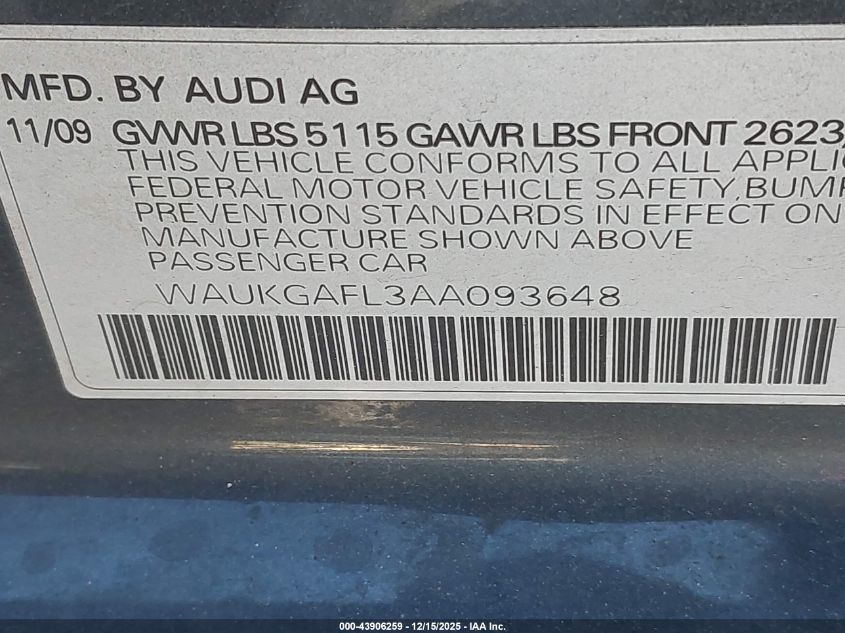 2010 Audi S4 3.0 Premium Plus VIN: WAUKGAFL3AA093648 Lot: 43906259