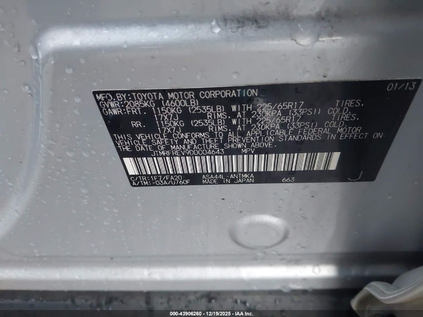 2013 Toyota Rav4 Xle VIN: JTMRFREV9DD004643 Lot: 43906260