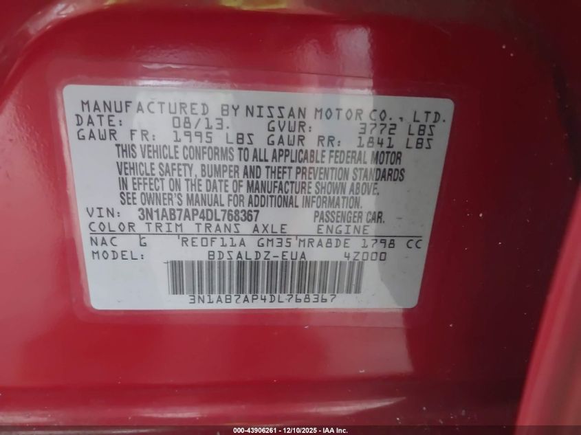 2013 Nissan Sentra Sv VIN: 3N1AB7AP4DL768367 Lot: 43906261