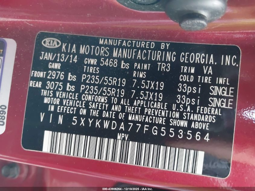 2015 Kia Sorento Sx V6 VIN: 5XYKWDA77FG553564 Lot: 43906264