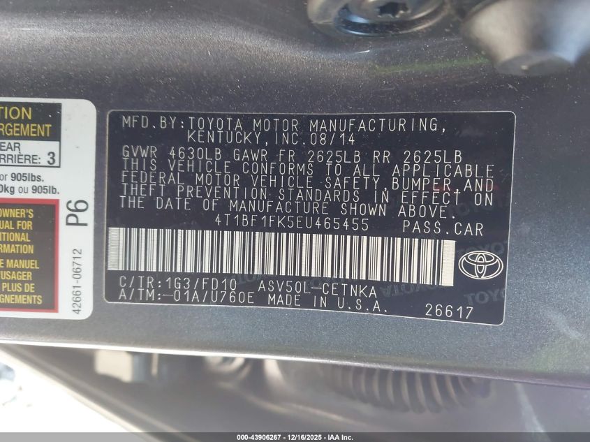 2014 Toyota Camry Le VIN: 4T1BF1FK5EU465455 Lot: 43906267