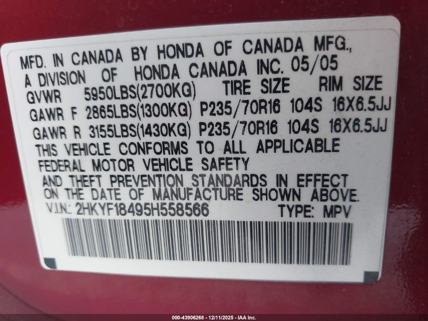 2005 Honda Pilot Ex VIN: 2HKYF18495H558566 Lot: 43906268