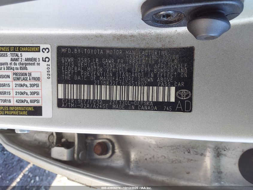 2006 Toyota Corolla S VIN: 2T1BR32E16C651807 Lot: 43906274