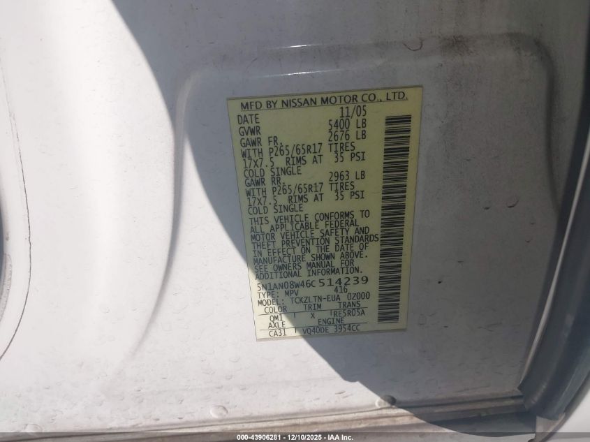 2006 Nissan Xterra Se VIN: 5N1AN08W46C514239 Lot: 43906281