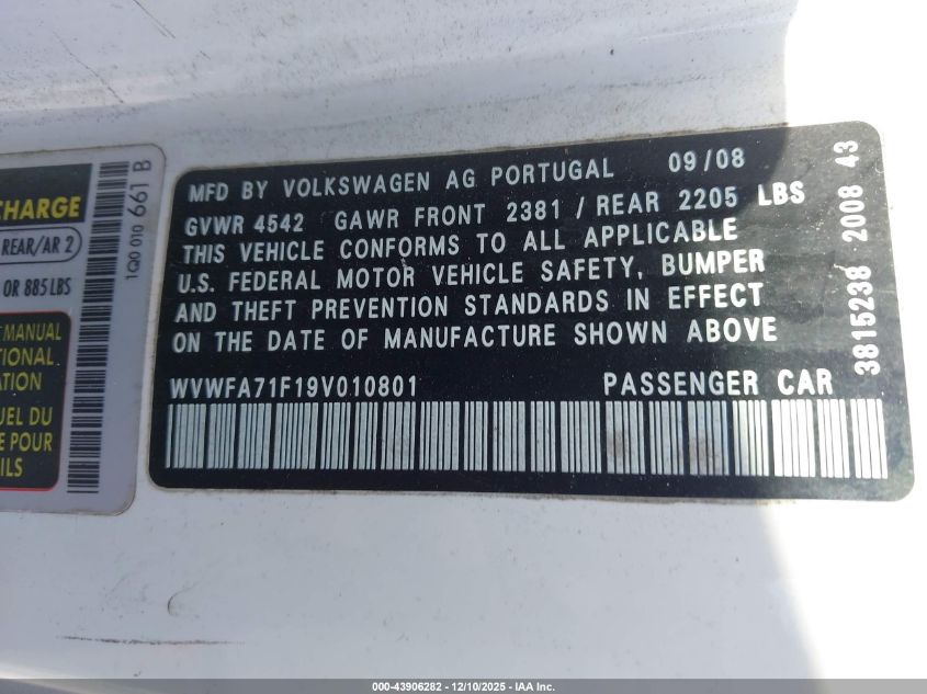2009 Volkswagen Eos Lux VIN: WVWFA71F19V010801 Lot: 43906282