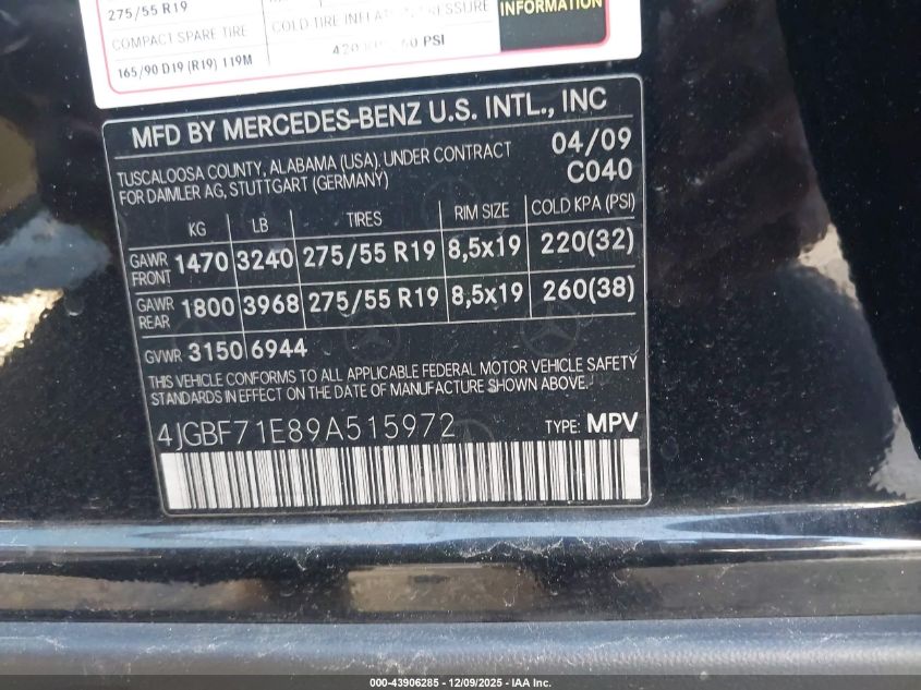 2009 Mercedes-Benz Gl 450 4Matic VIN: 4JGBF71E89A515972 Lot: 43906285