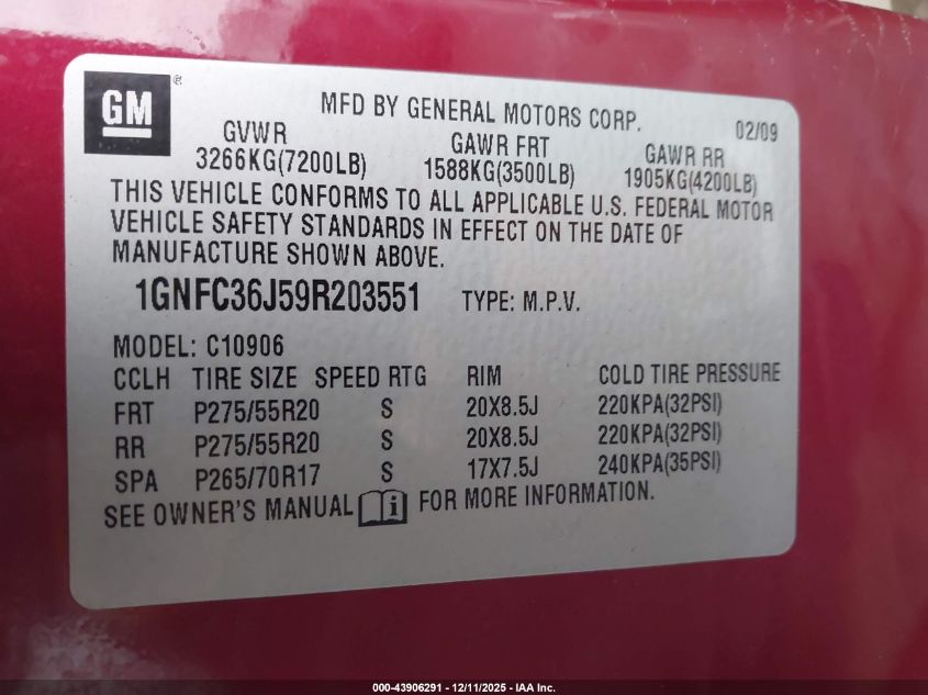2009 Chevrolet Suburban 1500 Ltz VIN: 1GNFC36J59R203551 Lot: 43906291