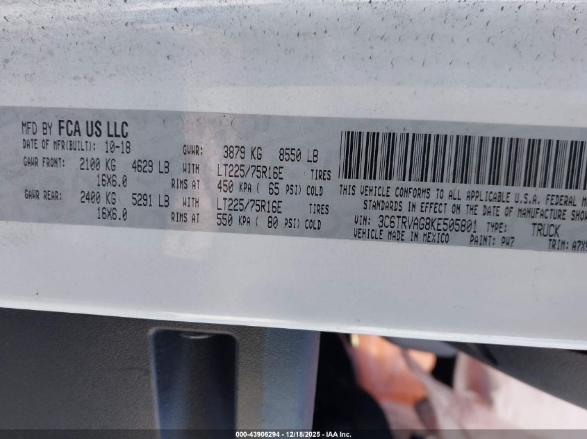 2019 Ram Promaster 1500 Low Roof 136 Wb VIN: 3C6TRVAG8KE505801 Lot: 43906294