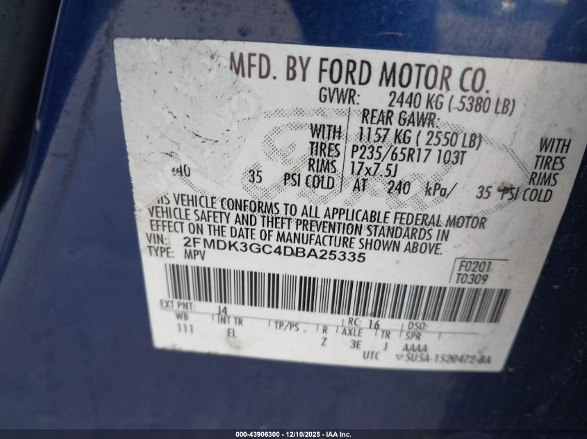2013 Ford Edge Se VIN: 2FMDK3GC4DBA25335 Lot: 43906300