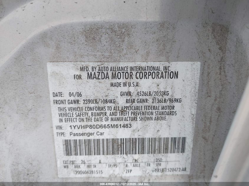 2006 Mazda Mazda6 S VIN: 1YVHP80D665M61483 Lot: 43906312