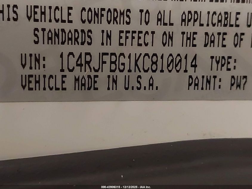 2019 Jeep Grand Cherokee Limited 4X4 VIN: 1C4RJFBG1KC810014 Lot: 43906315