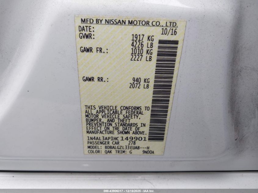 2017 Nissan Altima 2.5 S VIN: 1N4AL3AP1HC149901 Lot: 43906317