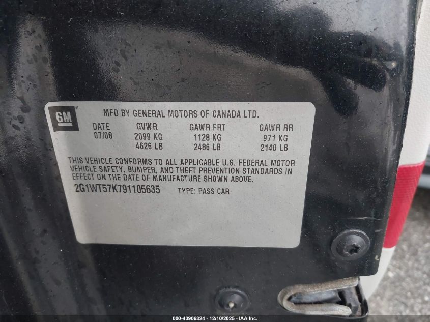 2009 Chevrolet Impala Lt VIN: 2G1WT57K791105635 Lot: 43906324